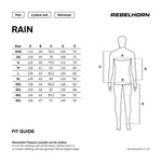 Storlekstabell för Rebelhorn Regnställ 2-delat Rain Svart med måttangivelser i centimeter för olika storlekar.