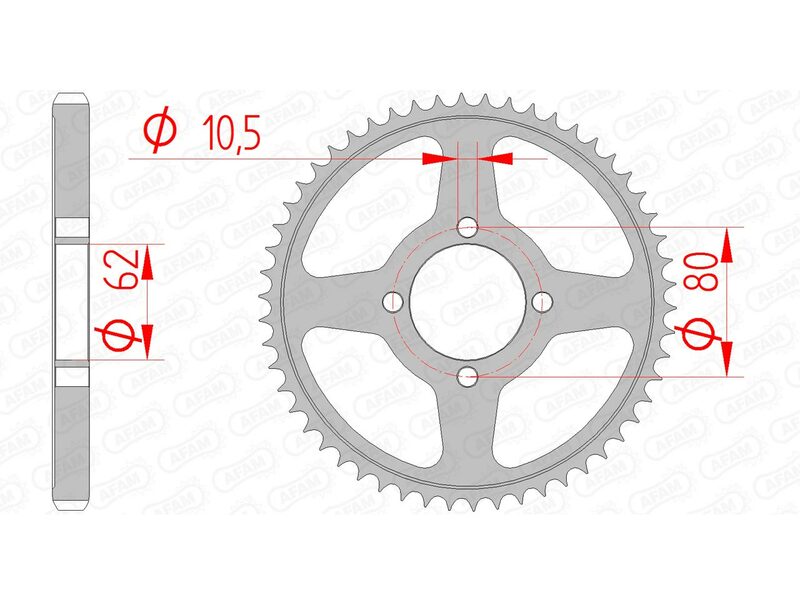 AFAM bakdrev 12224 - 428 i stål, kompatibelt med Yamaha TT-R 125. Teknisk ritning visar mått: 62 mm navhål, 80 mm bultcirkel, 10,5 mm bulthål.