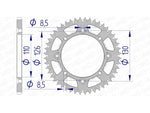 AFAM Aluminium Ultra-Light Self-Cleaning bakdrev 17107420 med detaljerade måttspecifikationer. Passar Kawasaki KX 65 och Suzuki RM 65 från olika årsmodeller.