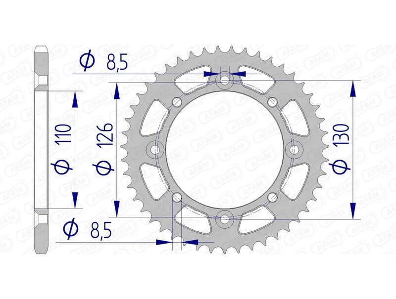 AFAM Aluminium Rear Sprocket 17107420 bakre kedjehjul i aluminium med måttspecifikationer för Kawasaki KX 60 och KX 65 modeller från 1988 till 2024.