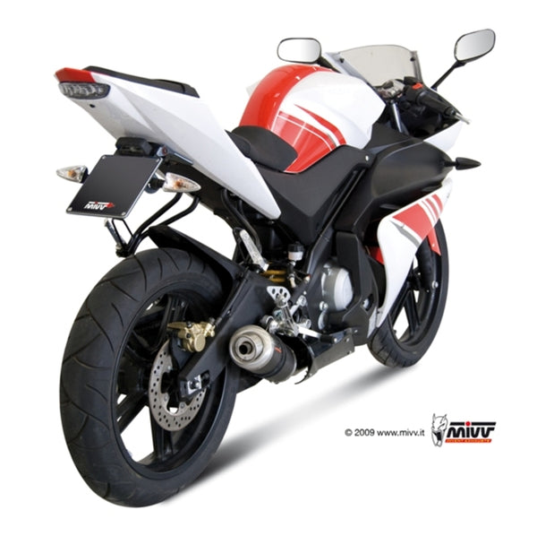 MIVV GP Full Exhaust System monterad på Yamaha YZF-R 125 00.73.Y.030.L2S, visad bakifrån med sportig design och kolfiberljuddämpare.