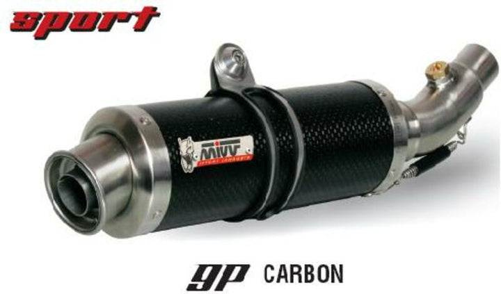 Närbild av MIVV GP Full Exhaust System 00.73.Y.030.L2S i kolfiber för Yamaha YZF-R 125, sportmodell med rostfria detaljer och racingfinish.