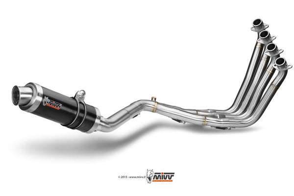 MIVV GP Full Exhaust System H.055.L2S för Honda CB 650F med rostfria rör och svart ljuddämpare, perfekt för prestandaoptimering.