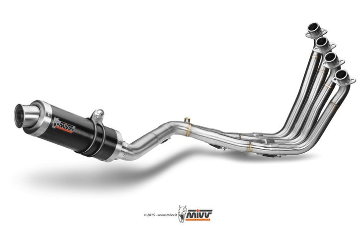 MIVV GP Full Exhaust System H.055.L2S för Honda CB 650F med rostfria rör och svart ljuddämpare, perfekt för prestandaoptimering.