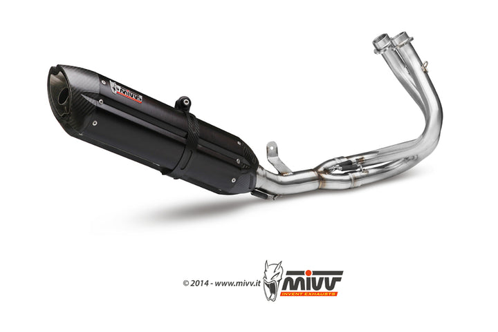 MIVV suono Full Exhaust System 00.73.K.029.L9 för Kawasaki ER-6N med svart kolfiberljuddämpare och rostfria rör. Perfekt för motorcykeltuning.