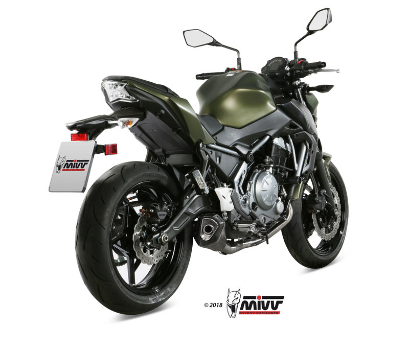 MIVV Delta Race Full Exhaust System monterad på Kawasaki Z650 00.73.K.044.LDRB, bakifrån med sportig design och hög prestanda.