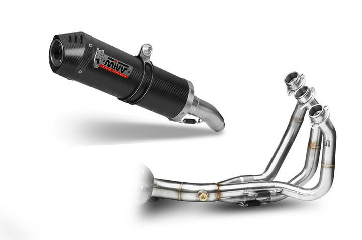 MIVV Oval Full Exhaust System - Yamaha MT-09 00.73.Y.042.L3C med kolfiberljuddämpare och rostfria rördelar för motorcykelprestanda.