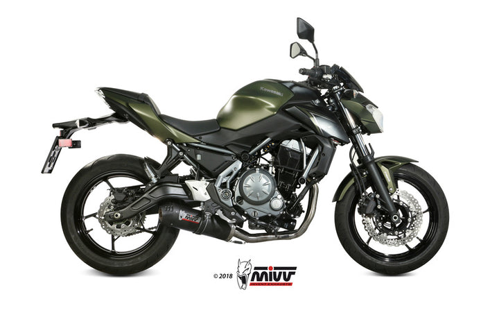 Sidovy av Kawasaki Z650 utrustad med MIVV Oval Full Exhaust System K.044.L3C, perfekt för prestanda och stil inom motorcykeltillbehör.