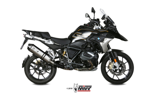 MIVV Speed Edge ljuddämpare i rostfritt stål med kolfiberändlock monterad på BMW R1250GS, perfekt för prestanda och stil inom motorcykeltillbehör.