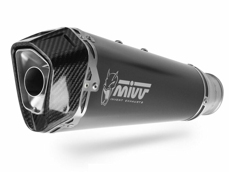 Närbild på MIVV Delta Race ljuddämpare i rostfritt stål med kolfiberändlock för Kawasaki Ninja 125 00.73.K.048.LDRX.