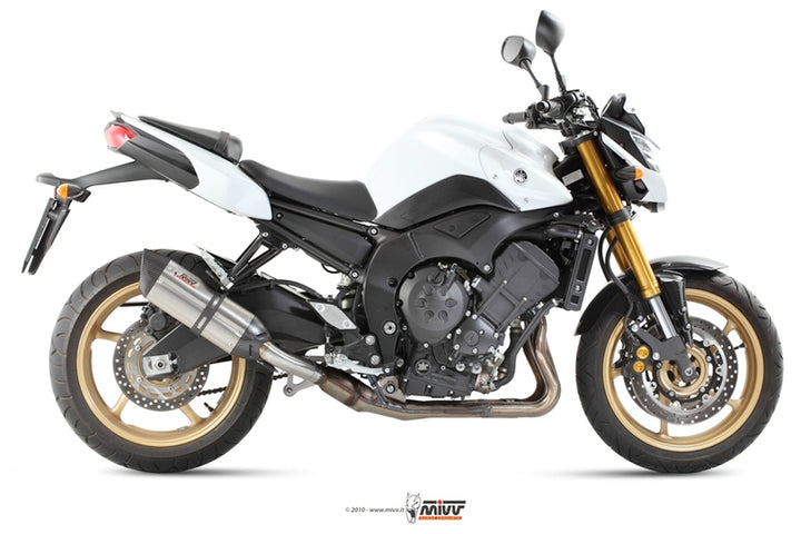 Sidovy av Yamaha FZ8 Fazer 800 utrustad med MIVV SUONO Stainless/Carbon End Cap Slip-On, perfekt för reservdelar och tillbehör.