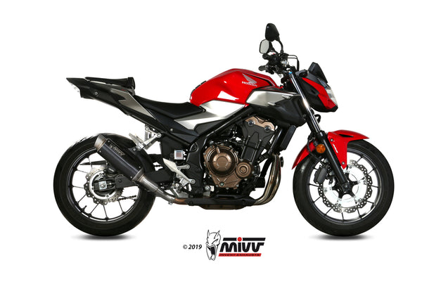 MIVV GP Pro Muffler Steel Black/Stainless Steel End Cap monterad på Honda CB500F H.075.LXBP, sportig design för optimal prestanda.