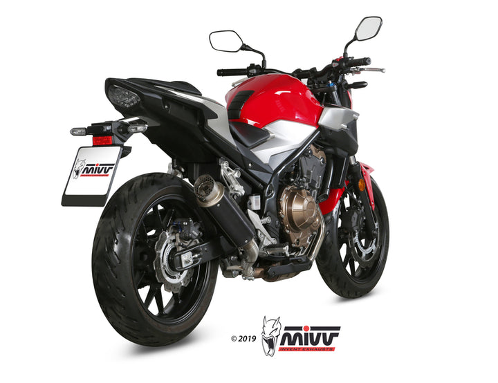 Bakre vy av Honda CB500F med installerad MIVV GP Pro Muffler Steel Black, stilren ljuddämpare för förbättrad körkänsla och ljud.