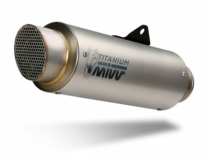 Närbild av MIVV GP Pro Titanium ljuddämpare S.054.L6P med rostfritt ståländstycke, perfekt för Suzuki GSX250R.