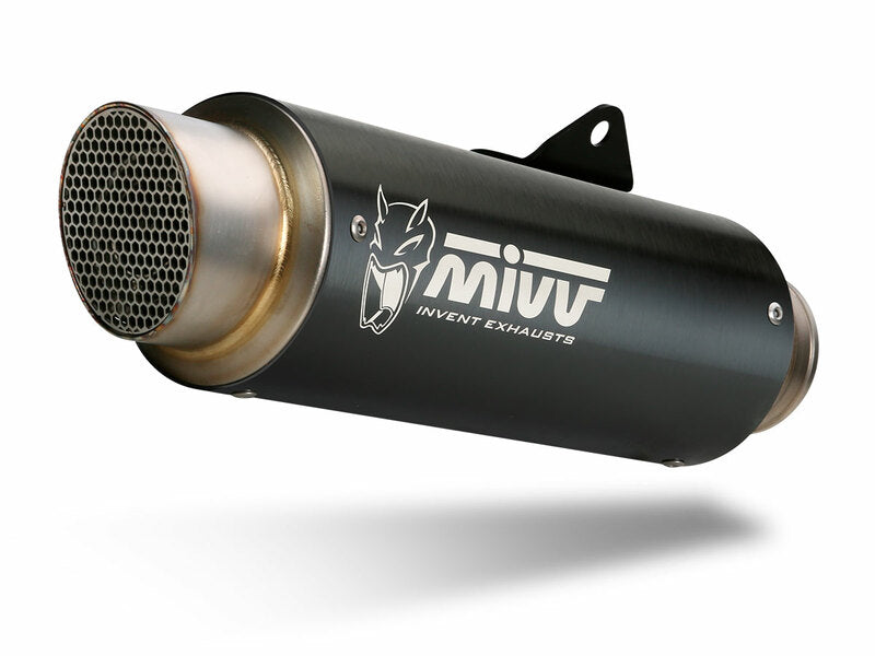 Närbild på MIVV GP Pro Black Stainless Steel 00.73.KT.019.LXBP, högkvalitativt avgassystem för KTM Duke 125/390 till fordonstillbehör.