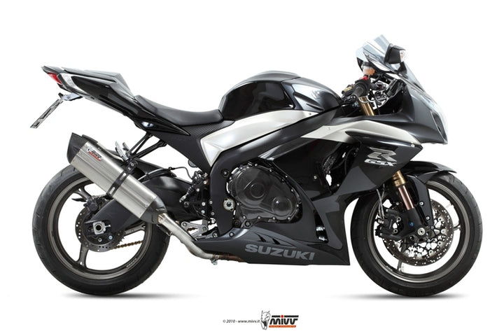 MIVV SUONO Stainless/Carbon End Cap Double Slip-On installerad på Suzuki GSX-R1000, visad från sidan med racinginspirerad stil.