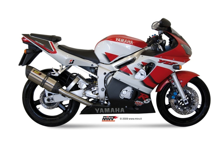 Yamaha R6 utrustad med MIVV SUONO Slip-On i rostfritt stål och kolfiber, perfekt för tuning och reservdelar inom motorcykeltillbehör.