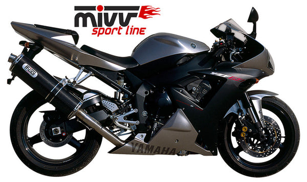 MIVV Oval Classic Slip-On Carbon Yamaha R1 AY.012.L3 monterad på sportmotorcykel, perfekt för prestanda och stil inom reservdelar.