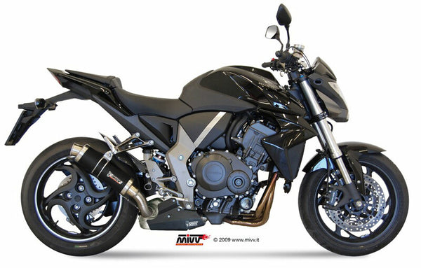 MIVV GP Steel Black Slip-On Honda CB1000R H.041.LXB monterad på svart motorcykel. Sportigt avgassystem för förbättrad prestanda och stil.