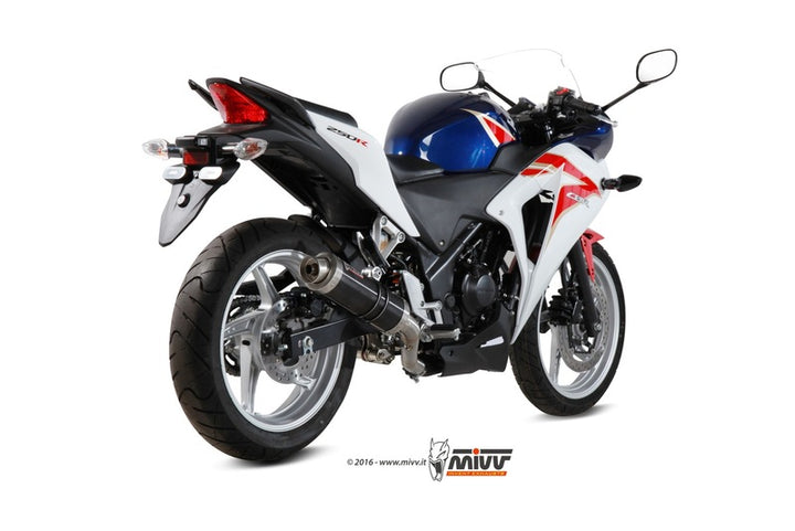 MIVV GP Steel Black Muffler monterad på Honda CBR250R H.047.LXB, sportig design med rostfritt stål och svart finish. Perfekt för reservdelar inom motorcykeltillbehör.