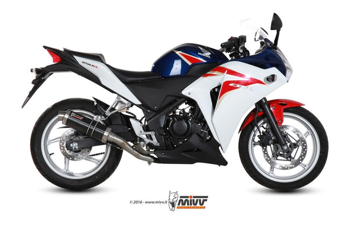Sidovy av Honda CBR250R utrustad med MIVV GP Steel Black Muffler H.047.LXB, högpresterande ljuddämpare i rostfritt stål för sportmotorcyklar.