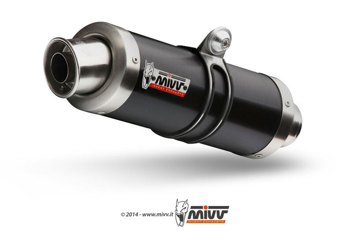 Närbild på MIVV GP Steel Black Muffler H.047.LXB med rostfri ändkåpa, idealisk för Honda CBR250R inom kategorin fordonstillbehör och avgassystem.