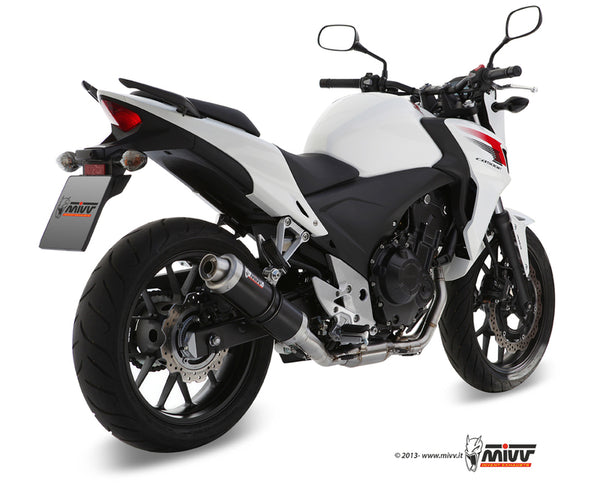 MIVV GP Steel Black Slip-On Honda CB500 F/X H.051.LXB monterad på vit Honda CB500, visad bakifrån i e-handelskategori reservdelar.