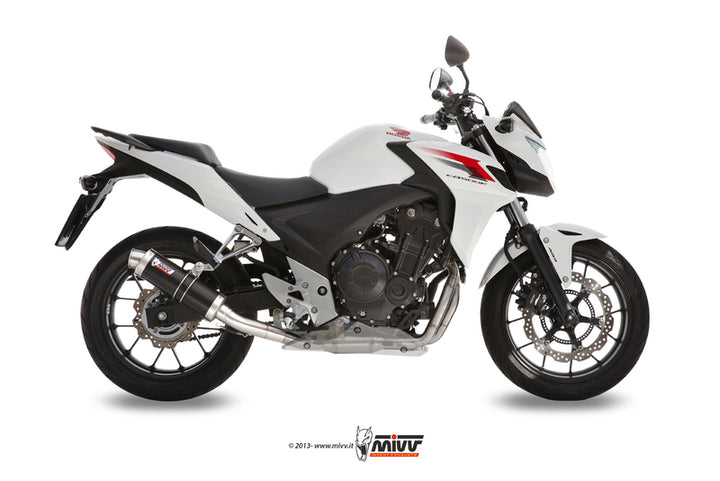 Sidovy av Honda CB500 med MIVV GP Steel Black Slip-On H.051.LXB avgassystem, idealisk för fordonstillbehör och reservdelar online.