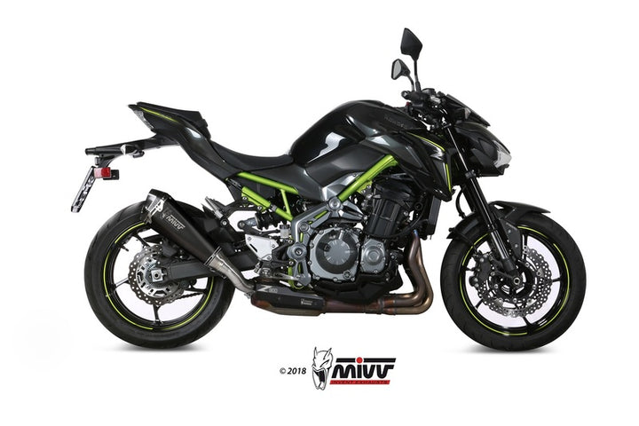 Sidovy av Kawasaki Z900 med MIVV Delta Race Muffler Steel Black/Carbon End Cap monterad, idealisk för tuning och reservdelar.
