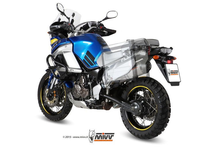 MIVV Slip-On Titanium Yamaha XT-Z 1200 med genomskinlig överlagring som visar före- och eftermontering av avgassystemet för jämförelse.