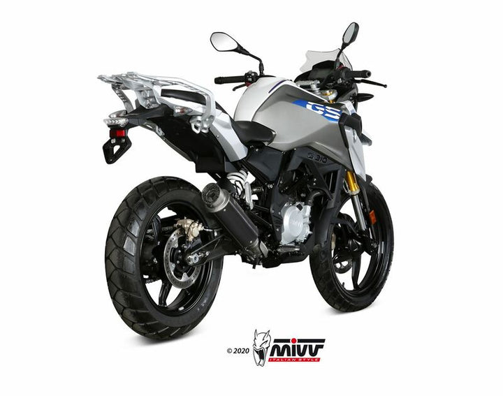 BMW G310GS med installerad MIVV GP Pro Silencer Steel Black, visad bakifrån. Högkvalitativt tillbehör för motorcykelprestanda.