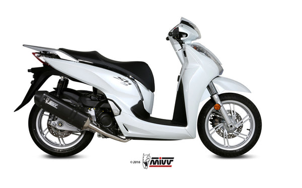 MIVV Speed Edge Full Exhaust System monterad på Honda SH 300 H.063.LRB, visad från sidan. Perfekt för uppgradering av scooterprestanda.