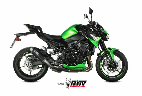 MIVV GP Pro Silencer Carbon/Stainless Steel End Cap K.052.L2P monterad på grön Kawasaki motorcykel, visad från sidan. Perfekt för reservdelar inom MC-tillbehör.