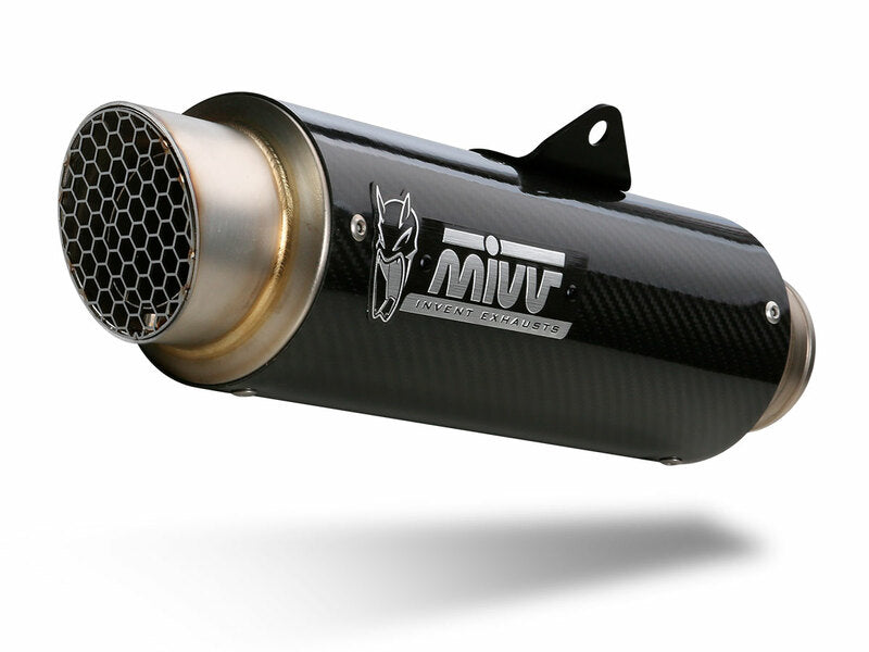 Närbild av MIVV GP Pro Silencer Carbon/Stainless Steel End Cap K.052.L2P med bikakemönstrad utblås. Högpresterande avgassystem för MC-accessoarer.