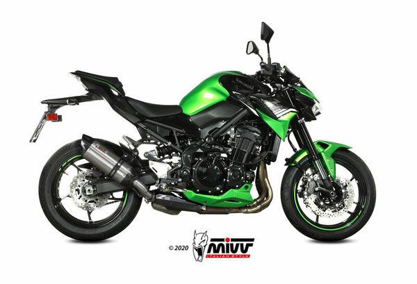 MIVV Silencer Suono Stainless Steel/Carbon End Cap K.052.L7 monterad på grön sportmotorcykel, visad från sidan för e-handelskategori reservdelar.