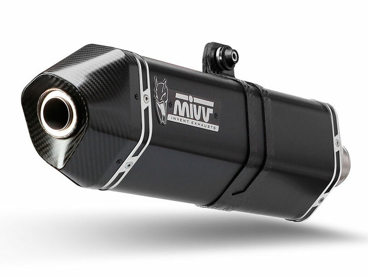 Närbild av MIVV Speed Edge Full Exhaust System i svart finish med kolfiberdetaljer, kompatibel med Kymco AK 550 O.009.LRB.