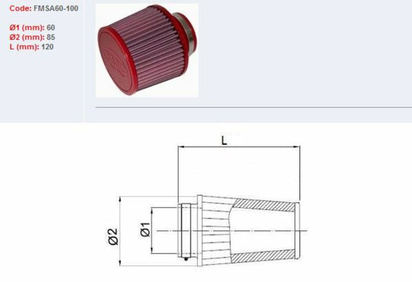 BMC въздушен филтър заострен Ø60mm-FMSA60-100 FMSA60-100