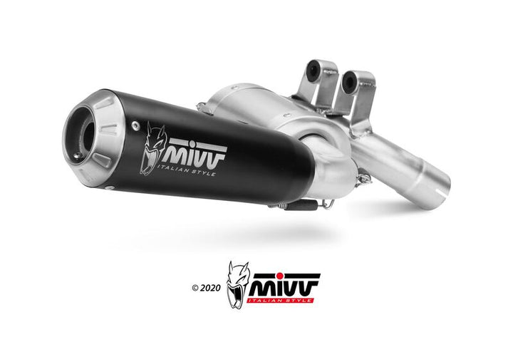 Närbild av MIVV X-M1 Silencer - Steel Black/Stainless Steel, ett högpresterande avgassystem för BMW F900R B.038.LC4B inom reservdelar och tillbehör.