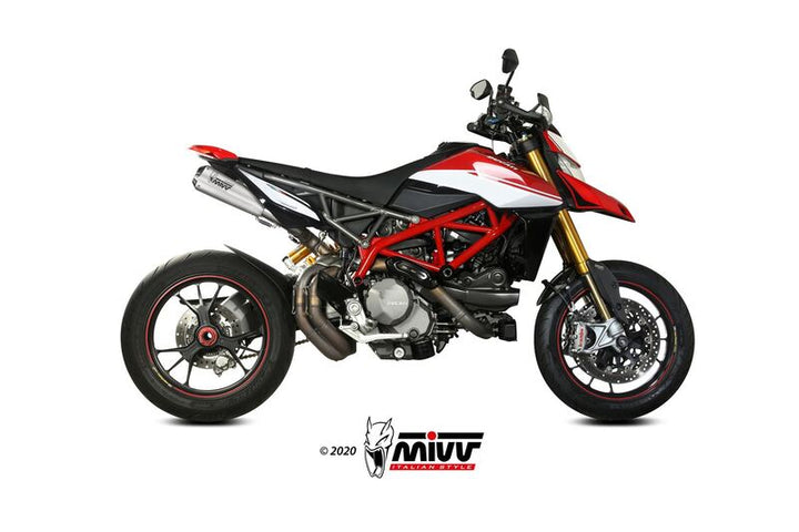 Sidovy av Ducati Hypermotard 950/SP utrustad med MIVV X-M1 Dual Silencer i titan/rostfritt, perfekt för prestanda och stil inom motorcykeltillbehör.