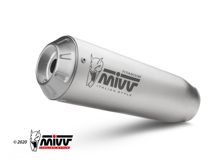 Närbild på MIVV X-M1 Dual Silencer i titan/rostfritt stål, designad för Ducati Hypermotard 950/SP, idealisk för reservdelar och avgassystem.