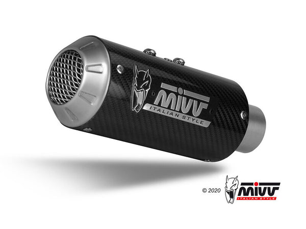 MIVV MK3 Full Exhaust System i kolfiber och rostfritt stål för Honda CB125R H.078.SM3C, visad som närbild på ljuddämparen.