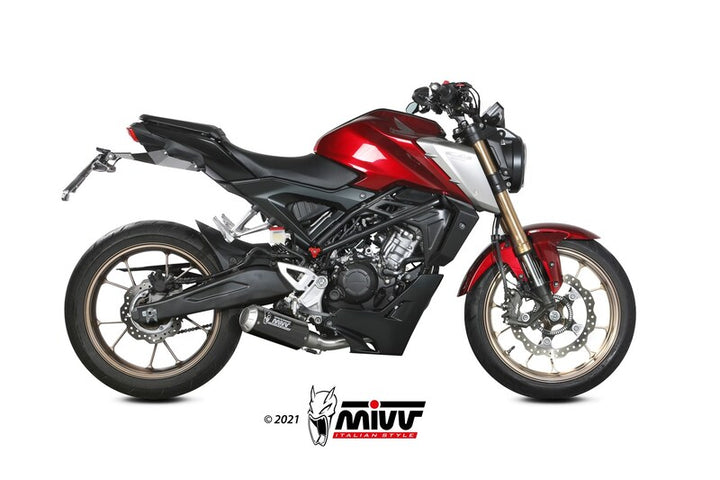 MIVV MK3 Full Exhaust System monterad på Honda CB125R H.078.SM3C, visad från sidan med sportig design och högkvalitativa material.
