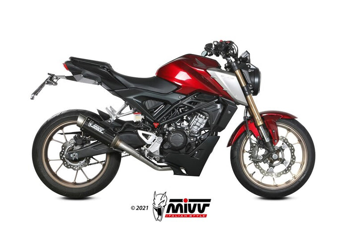 Honda CB125R med MIVV GP PRO Full Exhaust System H.077.L2P, komplett sidovy som visar racinginspirerad stil och högkvalitativ montering.