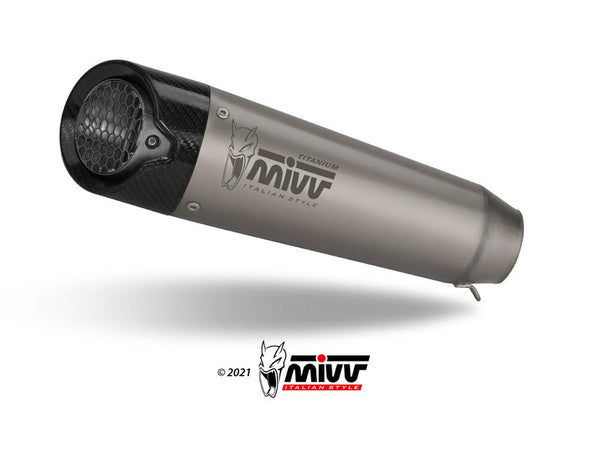 MIVV MX-5 Dual Silencer - KTM 1290 Super Duke KT.028.LC5T i titanfinish med kolfiberände, perfekt för sportmotorcyklar och reservdelar.