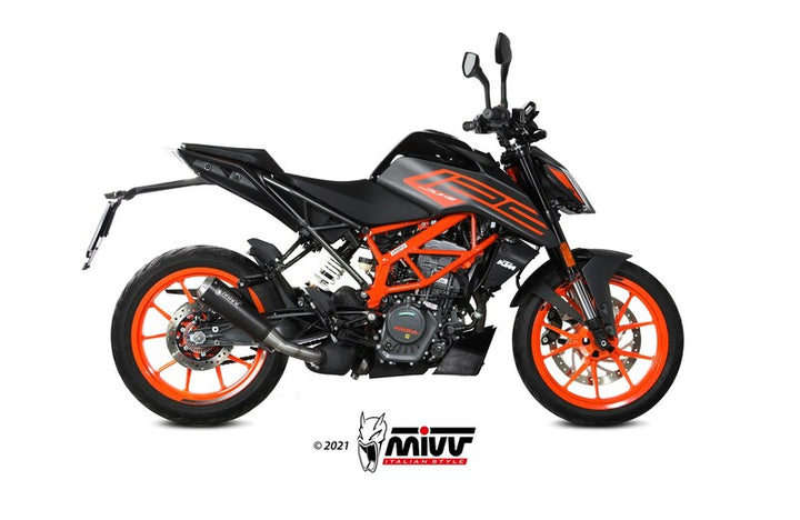 Sidovy av KTM 125 Duke KT.025.LC4B utrustad med MIVV X-M1 Silencer complete, optimerad för prestanda och stil inom reservdelar och avgassystem.