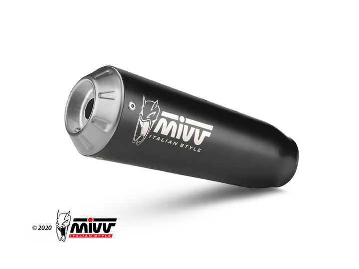 Närbild av MIVV X-M1 Silencer complete i svart finish med logotyp, designad för KTM 125 Duke KT.025.LC4B inom kategorin fordonstillbehör.