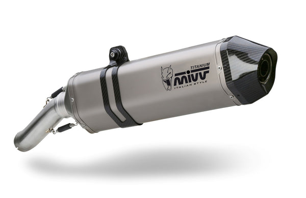 MIVV Speed Edge Silencer - BMW R1200GS / Adventure B.002.LGS i titan med kolfiberände, designad för optimal prestanda och ljuddämpning.