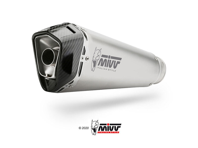 Närbild på MIVV Delta Race Full Exhaust System i rostfritt stål med kolfiberdetaljer. Högpresterande avgassystem för Yamaha Tracer 9/GT.