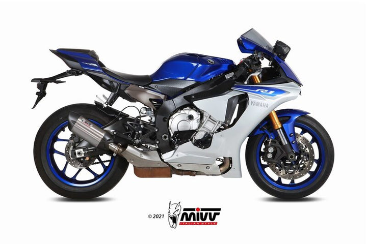 Yamaha YZF1000R1 med MIVV Suono Silencer Titanium/Carbon Y.050.L8 installerad, visad från sidan för reservdelar och tillbehör.