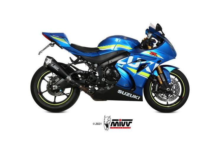 Sidovy av Suzuki GSX-R1000 utrustad med MIVV Delta Race Silencer S.050.LDRC, optimerad för prestanda och racingstil.